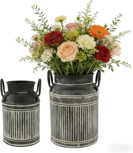 2-piece set of small and large vintage milk jars, galvanized milk jars, metal flower pots, suitable for home decoration, farmhouse home and office decoration, dining table center (black) in Saudi Arabia