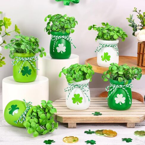 JarThenaAMCS 6Pcs St. Patrick's Day Decoration Mini Shamrock Jars Small Glass Plant Vase with 60 Fake Clover Table Centerpiece for Irish Holiday Home Kitchen Tabletop Fireplace Mantel Decor in Saudi Arabia