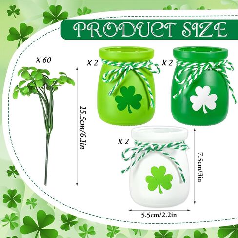 JarThenaAMCS 6Pcs St. Patrick's Day Decoration Mini Shamrock Jars Small Glass Plant Vase with 60 Fake Clover Table Centerpiece for Irish Holiday Home Kitchen Tabletop Fireplace Mantel Decor in Saudi Arabia