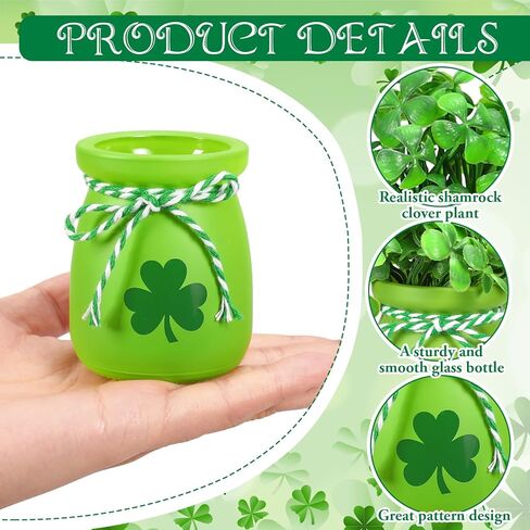 JarThenaAMCS 6Pcs St. Patrick's Day Decoration Mini Shamrock Jars Small Glass Plant Vase with 60 Fake Clover Table Centerpiece for Irish Holiday Home Kitchen Tabletop Fireplace Mantel Decor in Saudi Arabia