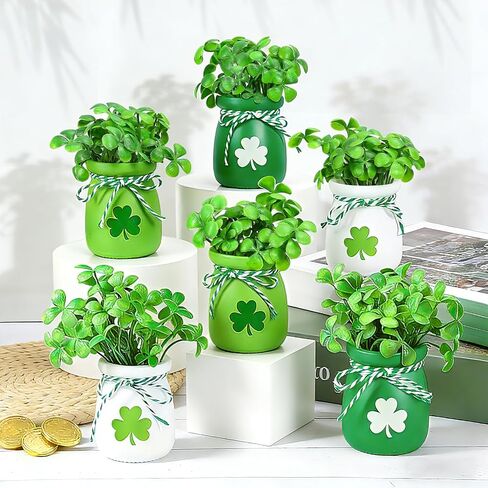 JarThenaAMCS 6Pcs St. Patrick's Day Decoration Mini Shamrock Jars Small Glass Plant Vase with 60 Fake Clover Table Centerpiece for Irish Holiday Home Kitchen Tabletop Fireplace Mantel Decor in Saudi Arabia