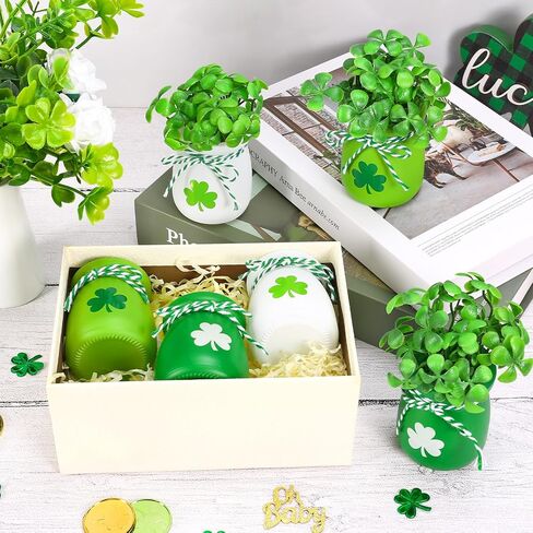 JarThenaAMCS 6Pcs St. Patrick's Day Decoration Mini Shamrock Jars Small Glass Plant Vase with 60 Fake Clover Table Centerpiece for Irish Holiday Home Kitchen Tabletop Fireplace Mantel Decor in Saudi Arabia