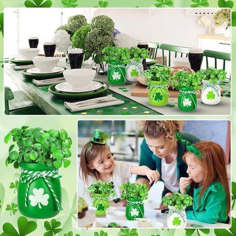 JarThenaAMCS 6Pcs St. Patrick's Day Decoration Mini Shamrock Jars Small Glass Plant Vase with 60 Fake Clover Table Centerpiece for Irish Holiday Home Kitchen Tabletop Fireplace Mantel Decor in Saudi Arabia