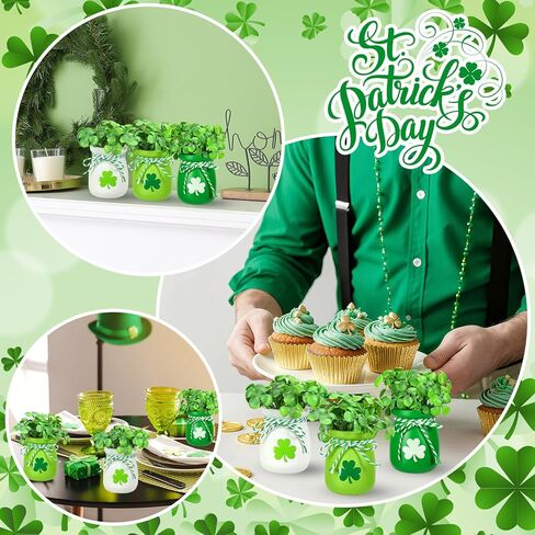 JarThenaAMCS 6Pcs St. Patrick's Day Decoration Mini Shamrock Jars Small Glass Plant Vase with 60 Fake Clover Table Centerpiece for Irish Holiday Home Kitchen Tabletop Fireplace Mantel Decor in Saudi Arabia