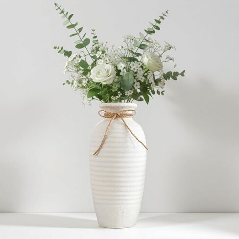 14.4 Inch Tall Ceramic Vase, Large Rustic Vintage Farmhouse Threaded Vases for House Book Shelf Office Coffee Desk Dining Fireplace,White in Saudi Arabia