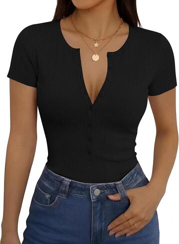 Rapbin Womens Short Sleeve Tops Casual Henley Ribbed Shirts Basic V Neck Button Down T-Shirts in Kuwait