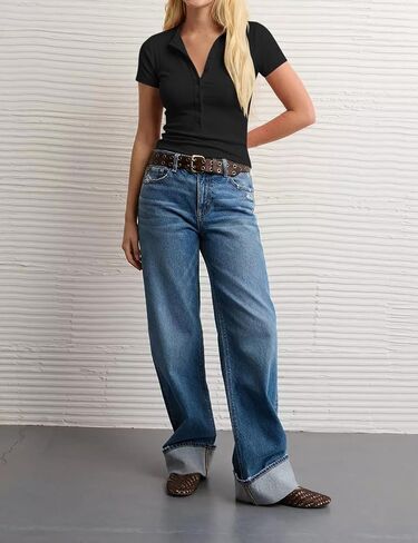 قمصان Rapbin النسائية بأكمام قصيرة كاجوال Henley مضلعة أساسية برقبة على شكل حرف V وأزرار سفلية in Kuwait