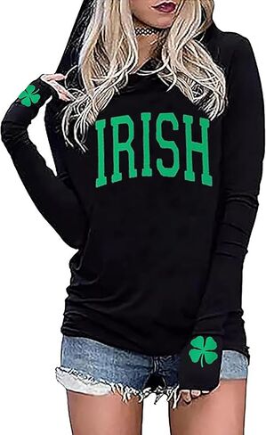 St Patrick's Day Hoodie Shirts for Women Shamrock Clover Print Shirt Irish Gift Long Sleeve Pullover Tops in Saudi Arabia