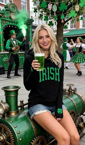 St Patrick's Day Hoodie Shirts for Women Shamrock Clover Print Shirt Irish Gift Long Sleeve Pullover Tops in Saudi Arabia