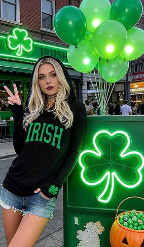 St Patrick's Day Hoodie Shirts for Women Shamrock Clover Print Shirt Irish Gift Long Sleeve Pullover Tops in Saudi Arabia