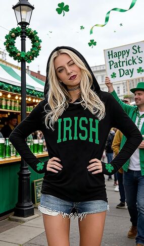 St Patrick's Day Hoodie Shirts for Women Shamrock Clover Print Shirt Irish Gift Long Sleeve Pullover Tops in Saudi Arabia
