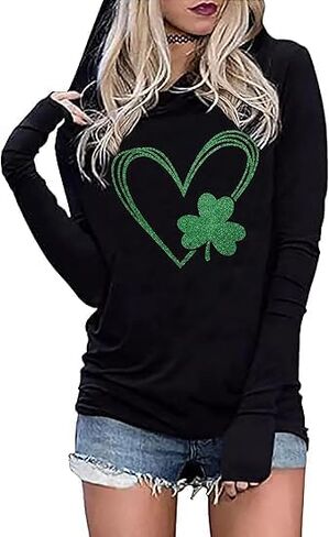 St Patrick's Day Hoodie Shirts for Women Shamrock Clover Print Shirt Irish Gift Long Sleeve Pullover Tops in Saudi Arabia