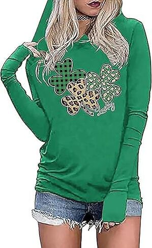 St Patrick's Day Hoodie Shirts for Women Shamrock Clover Print Shirt Irish Gift Long Sleeve Pullover Tops in Saudi Arabia