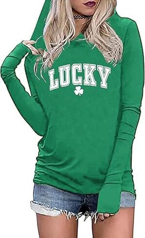 St Patrick's Day Hoodie Shirts for Women Shamrock Clover Print Shirt Irish Gift Long Sleeve Pullover Tops in Saudi Arabia