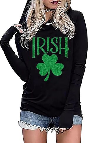 St Patrick's Day Hoodie Shirts for Women Shamrock Clover Print Shirt Irish Gift Long Sleeve Pullover Tops in Saudi Arabia