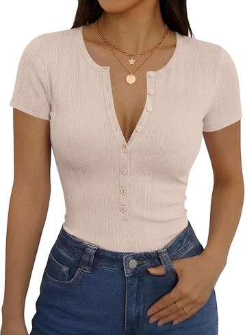 قمصان Rapbin النسائية بأكمام قصيرة كاجوال Henley مضلعة أساسية برقبة على شكل حرف V وأزرار سفلية in Kuwait