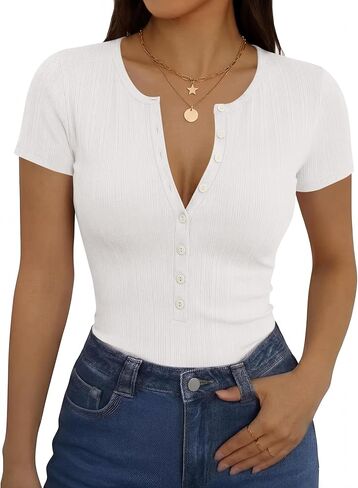 قمصان Rapbin النسائية بأكمام قصيرة كاجوال Henley مضلعة أساسية برقبة على شكل حرف V وأزرار سفلية in Kuwait