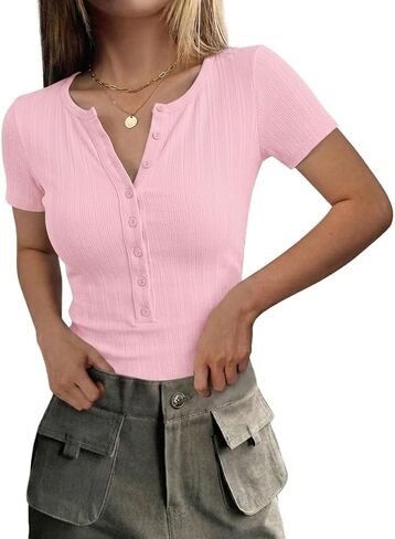 قمصان Rapbin النسائية بأكمام قصيرة كاجوال Henley مضلعة أساسية برقبة على شكل حرف V وأزرار سفلية in Kuwait