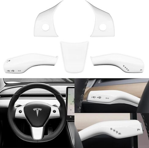 White Carbon Fiber Steering Wheel Trim & Gear Shift Cover for Tesla Model 3 (2021-2023) and Model Y (2019-2024) in Kuwait