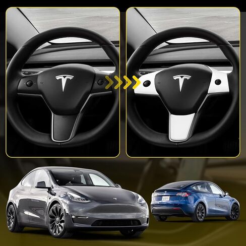 White Carbon Fiber Steering Wheel Trim & Gear Shift Cover for Tesla Model 3 (2021-2023) and Model Y (2019-2024) in Kuwait