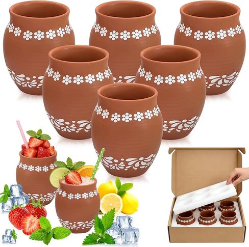 Mexican Style Ceramic Small Vases, 6-Pack Pink Flower Pots with Hand-Painted Daisy & Leaf Patterns, 16oz Decorative Vases for Home Decor, Party Centerpieces, Succulents & Crafts (Brown) in Kuwait