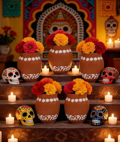 Mexican Style Ceramic Small Vases, 6-Pack Pink Flower Pots with Hand-Painted Daisy & Leaf Patterns, 16oz Decorative Vases for Home Decor, Party Centerpieces, Succulents & Crafts (Brown) in Kuwait