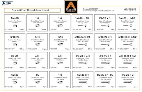 Titan Industrial Supply- 1275 Piece Grade 8 Fine Thread Fastener Assortment- Hex Cap Screws, Hex Nuts, Flat Washers & Lock Washers-Fasteners Only in Kuwait