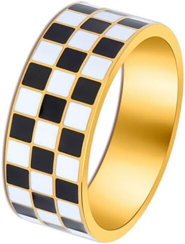 Checkerboard Bands Ring 14k Gold Plated Rings Stainless Steel Polished Black White Knuckle Statement Finger Couple Ring Comfort Fit Christmas Birthday Dainty Jewelry Gift for Women Men in Saudi Arabia