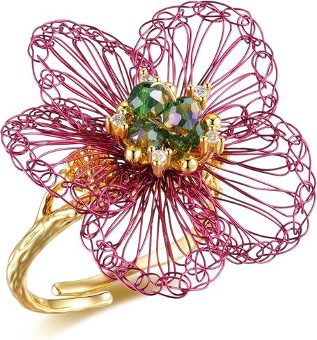 18K Gold Plated Red Flower Open Ring with Emerald for Charm Women, Fingertips Blooming in Saudi Arabia