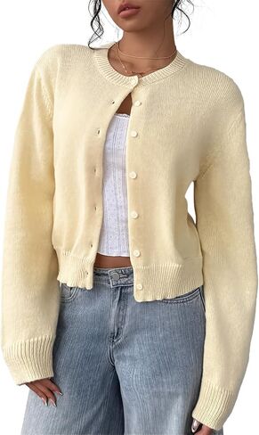Women’s Knit Cardigan Sweater – Casual Long Sleeve Button Down Cropped Cardigan Top in Kuwait
