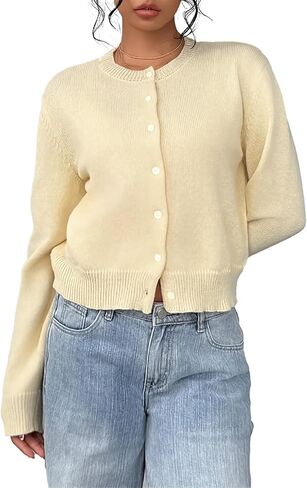 Women’s Knit Cardigan Sweater – Casual Long Sleeve Button Down Cropped Cardigan Top in Kuwait