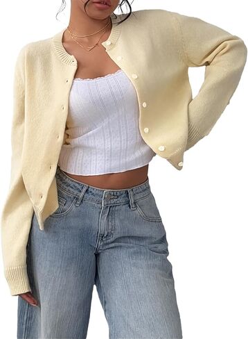 Women’s Knit Cardigan Sweater – Casual Long Sleeve Button Down Cropped Cardigan Top in Kuwait