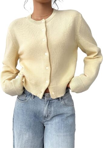 Women’s Knit Cardigan Sweater – Casual Long Sleeve Button Down Cropped Cardigan Top in Kuwait