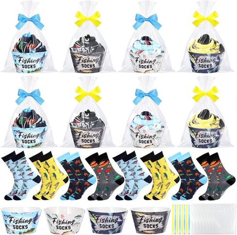 Capoda 8 Set Funny Fish Socks for Men Novelty Fishing Crew Socks Gifts with Cupcake Wrappers Fish Themed Gift for Men Dad Grandpa Fishing Lover Fisherman Father's Day Birthday Party Favors in Saudi Arabia