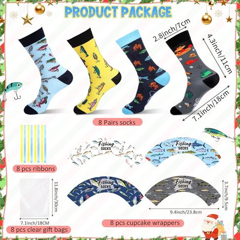 Capoda 8 Set Funny Fish Socks for Men Novelty Fishing Crew Socks Gifts with Cupcake Wrappers Fish Themed Gift for Men Dad Grandpa Fishing Lover Fisherman Father's Day Birthday Party Favors in Saudi Arabia