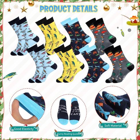 Capoda 8 Set Funny Fish Socks for Men Novelty Fishing Crew Socks Gifts with Cupcake Wrappers Fish Themed Gift for Men Dad Grandpa Fishing Lover Fisherman Father's Day Birthday Party Favors in Saudi Arabia