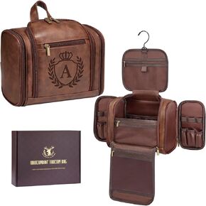 Personalized Birthday Gifts for Men Large Leather Toiletry Travel Bag Hanging Shaving Dopp Kit Bathroom Hygiene Case, Custom Gifts for Mens Boss Manager New Job Promotion Cognac Initial D in Kuwait