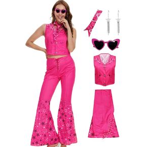 Poboola Pink Cowgirl Costume 80s Outfits for Women 70s Disco Costume Hippie Flare Pant Halloween Cosplay With Glasses Scarf in Kuwait