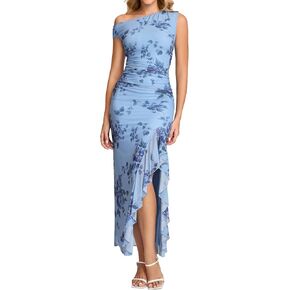 HTZMO One Shoulder Floral Wedding Guest Long Dress Summer Formal Elegant Ruffled Slit Bodycon Maxi Dresses for Women in Kuwait