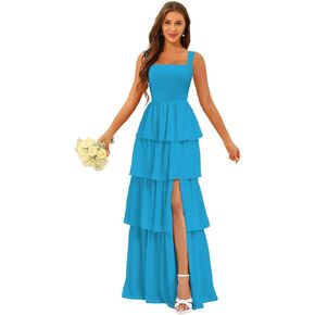 Square Neck Tiered Bridesmaid Dresses Spaghetti Strap Side Slit Formal Dresses Long for Women DIN014 in Kuwait