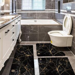سجاد حمام رخامي، طقم سجادة حمام حديثة مكون من 3 قطع، رخام ذهبي أسود، سجادة حمام فائقة الامتصاص غير قابلة للانزلاق مع سجادة مرحاض للاستحمام وحوض الاستحمام، جاهزة لعيد الميلاد وهدية السنة الجديدة in Kuwait