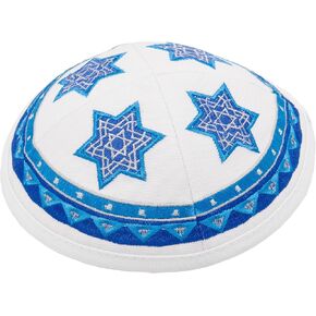 كيباه قطنية مقاس 19 سم مع تطريز نجمة داود الزرقاء للرجال والأولاد، قبعة ياماكا من إسرائيل (قاعدة بيضاء) in Kuwait