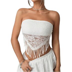 قمصان علوية نسائية من الدانتيل بحاشية هامشية Y2K بدون حمالات، راعية البقر لمهرجان الموسيقى، قمصان قصيرة in Kuwait