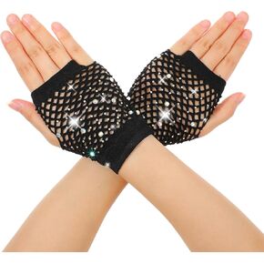 Rhinestone Fishnet Gloves Fingerless for Women, Sparkly Short Mesh Net Arm Sleeves Warmers for Halloween Cosplay Party in Saudi Arabia