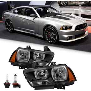 مجموعة مصابيح أمامية هالوجين مع لمبة مناسبة لـ 2011 2012 2013 2014 دودج تشارجر R/T SE SRT8 SXT Plus Persuit سيدان (جانب أسود + كهرماني) in Kuwait