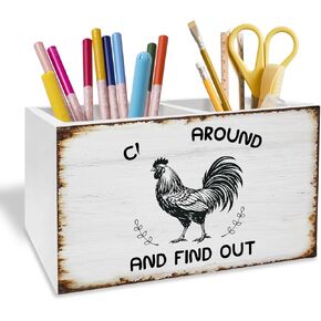 Vintage Rustic Chicken Pen Holder for Desk, Chicken Lover Gifts Pencil Organizer, Funny Rooster Wooden Box Sign Desk Decor for Home Office Decoration in Saudi Arabia