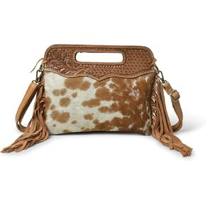 حقيبة كروس نسائية من جلد الغزال الغربي بشراشيب شعر على الجسم مع حزام قابل للتعديل | حقيبة يد جلدية | محفظة | حقيبة حبال جانبية in Kuwait
