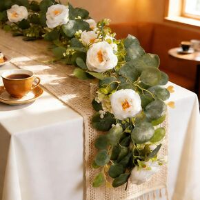 2Pcs Artificial Eucalyptus Garland with White Rose, Each 6ft Spring Flower Garland Faux Silk Rose Hanging Vine for Wedding Arch Backdrop Table Mantle Home Party Decor in Saudi Arabia