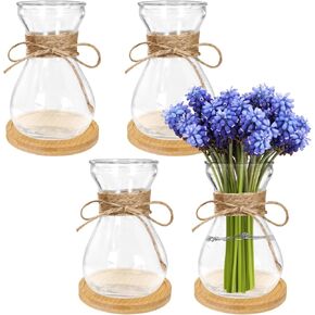 4 قطع من المزهريات الزجاجية، مزارعون مائيون شفافون للياقوتية، تصميم خصر نحيف، ديكور منزلي على الطراز البوهيمي مع حبل، قواعد خشبية in Kuwait