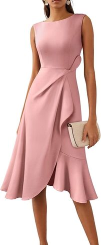 VFSHOW Womens Asymmetric Ruffle Ruched Cocktail Sleeveless Elegant Boat Neck Wedding Guest Business Formal A Line Midi Dress in Saudi Arabia